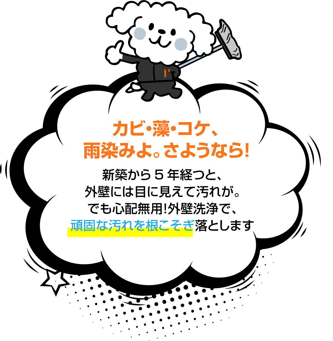 カビ・藻・コケ、雨染みよ。さようなら！新築から5年経つと、外壁には目に見えて汚れが。でも心配無用！外壁洗浄で、頑固な汚れを根こそぎ落とします